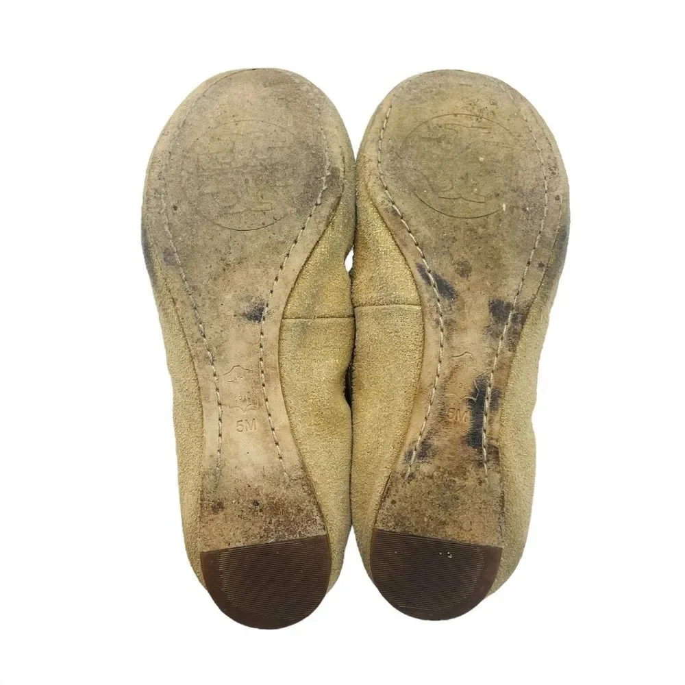 Tory Burch Caroline Sparkling Gold Beige Ballet Flats Sz 6M
